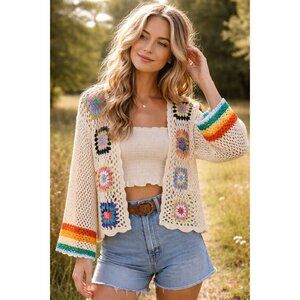 Vintage Granny Square Crochet Cardigan Boho Cottagecore Festival Hippie Sz‎ M L